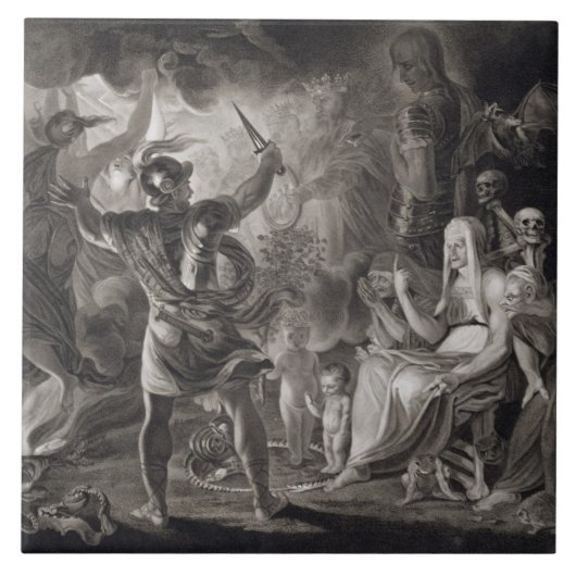 Macbeth, de drie heksen en de Hecate in Wet IV, S Tegeltje (Voorkant)