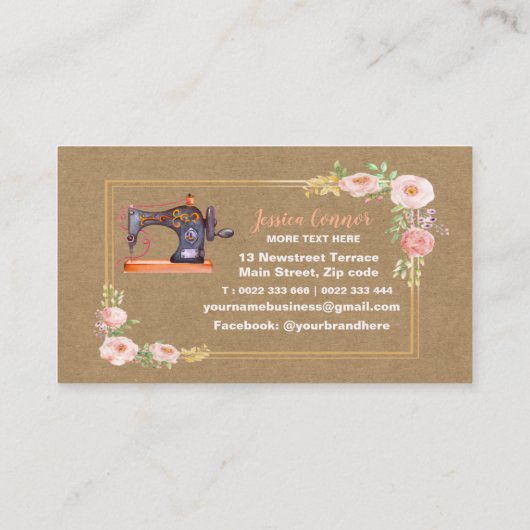 Machine à coudre carte de visite kraft floral (Dos)