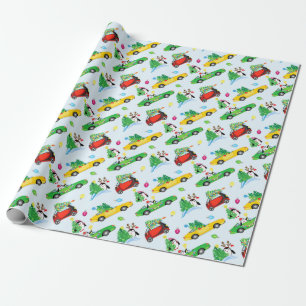 Machines met kerstbomen en pinguïns cadeaupapier