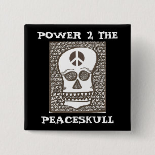 Macht aan de peaceskullknoop vierkante button 5,1 cm
