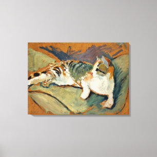 Macke - Kat op de groene kussen Canvas Afdruk