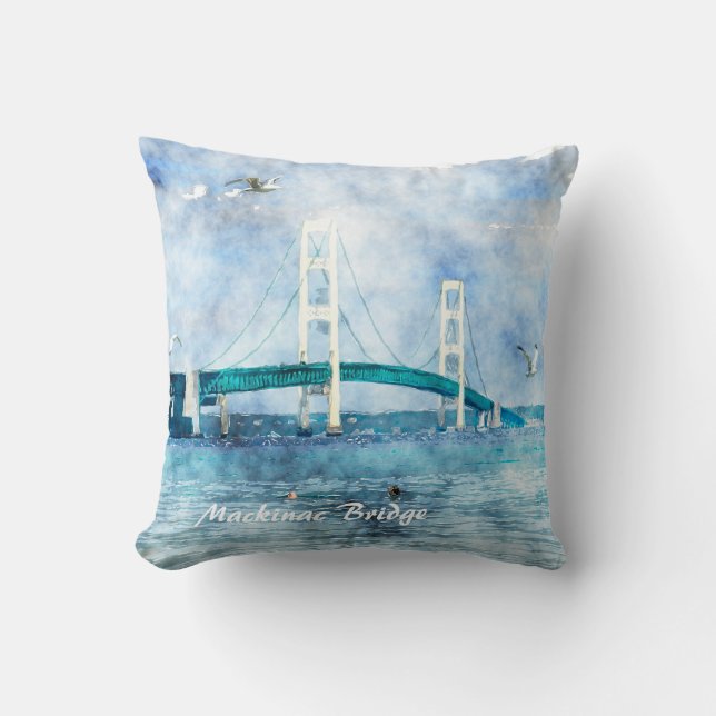 Mackinac Bridge Waterverf Artwork Canvas Kussen (Voorkant)