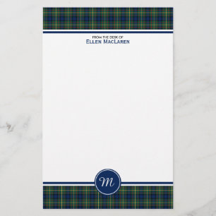 MacLaren Clan Tartan Blue en Green Pset Monogram Briefpapier