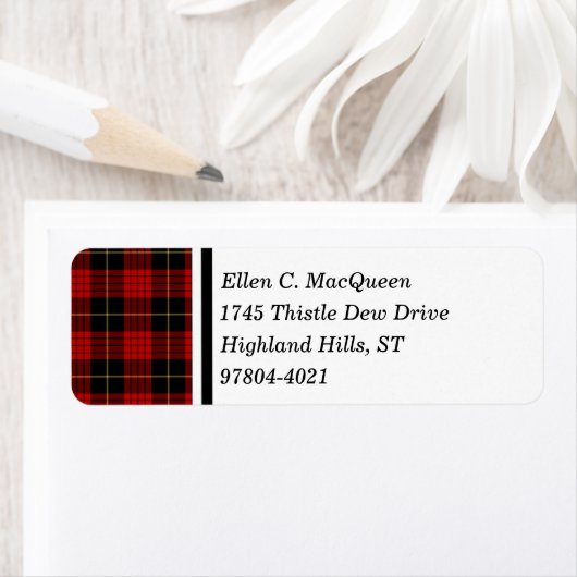 MacQueen Clan Zwart en Rood Schots Tartan Etiket (Insitu)