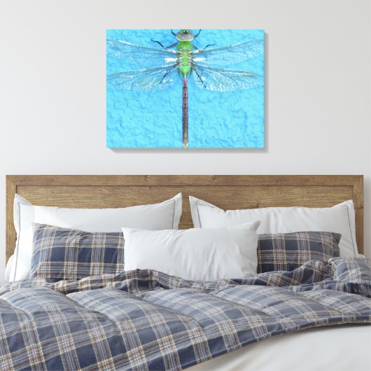 Macro Green Dragonfly op blauwe achtergrond Canvas Afdruk (Insitu (Slaapkamer))