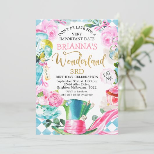 Mad Hatter Alice in Wonderland - uitnodiging voor  (Staand voorkant)