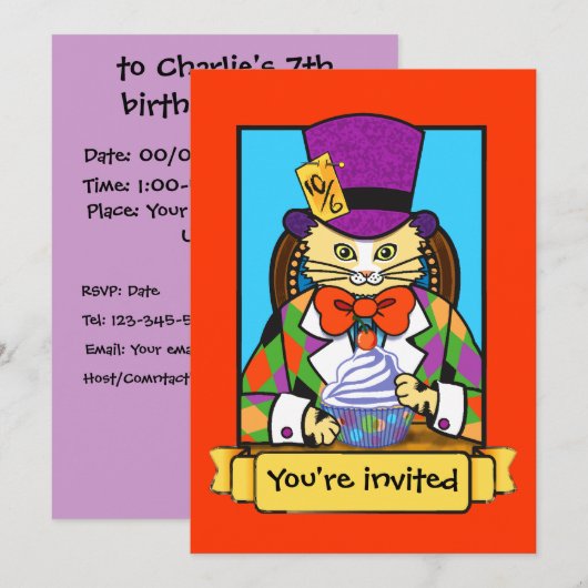 Mad hatter Cat verjaardagsuitnodiging Kaart (Voorkant / Achterkant)