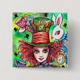 Mad Hatter en konijn Vierkante Button 5,1 Cm