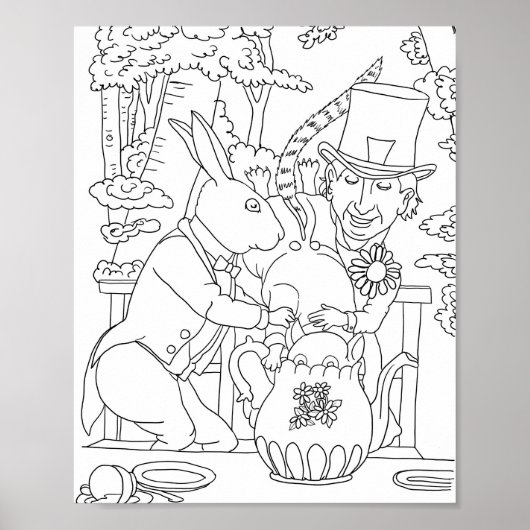Mad hatter witte konijn deur muis kleurplaat poster (Voorkant)