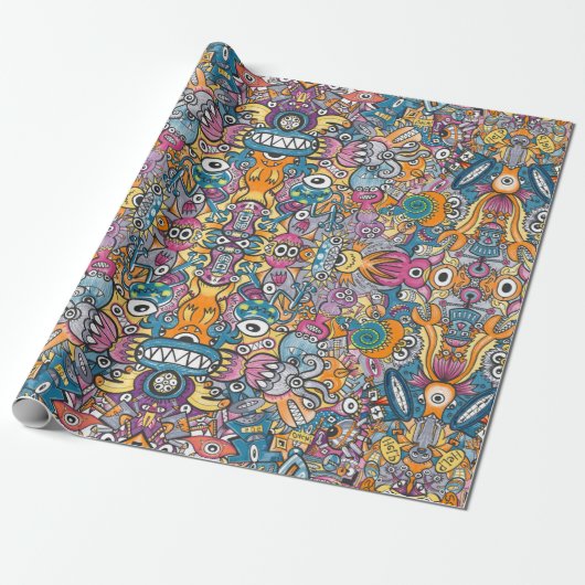 Mad monsters en robots in een gekke menigte patroo cadeaupapier (Uitgerold)