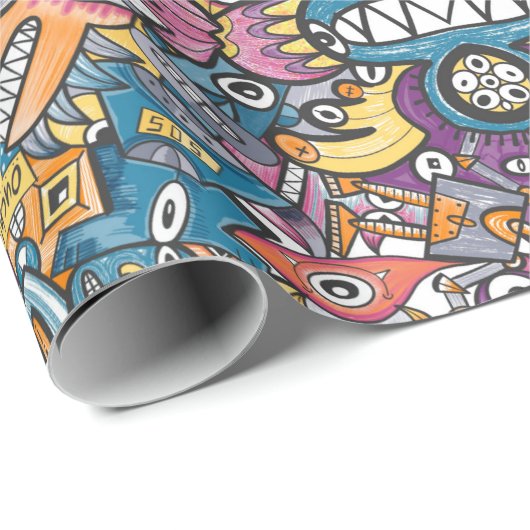 Mad monsters en robots in een gekke menigte patroo cadeaupapier (Rol Hoek)