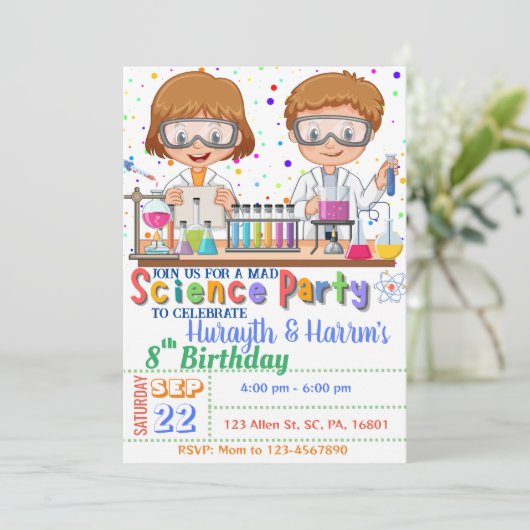 Mad Science Birthday Invitation for Twins Kaart (Staand voorkant)