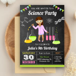 Mad Science Experils Girls Anniversaire Invitation<br><div class="desc">Éblouissez vos invités avec cette invitation colorée à la fête d'anniversaire scientifique mettant en vedette une fille de laboratoire faisant une expérience contre un arrière - plan de tableau noir. Ajoutez simplement les détails de votre événement sur ce modèle facile à utiliser pour en faire une invitation unique. Retournez la...</div>