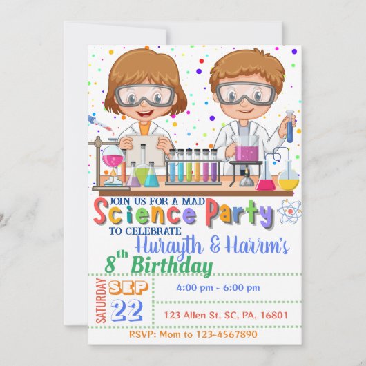 Mad Science Invitation d'anniversaire pour jumeaux (Devant)