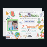 Mad Science Party, scientifique Invitation d'anniv<br><div class="desc">Éblouissez vos invités avec cette invitation de fête d'anniversaire scientifique colorée avec des éléments scientifiques microscope globe expériences outils, vous pouvez ajouter la photo de votre enfant et une photo pour l'arrière - plan. Ajoutez simplement les détails de votre événement sur ce modèle convivial pour en faire une invitation unique...</div>