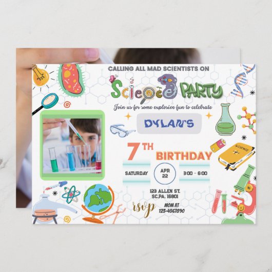 Mad Science Party, Scientist Birthday Invitation Kaart (Voorkant / Achterkant)