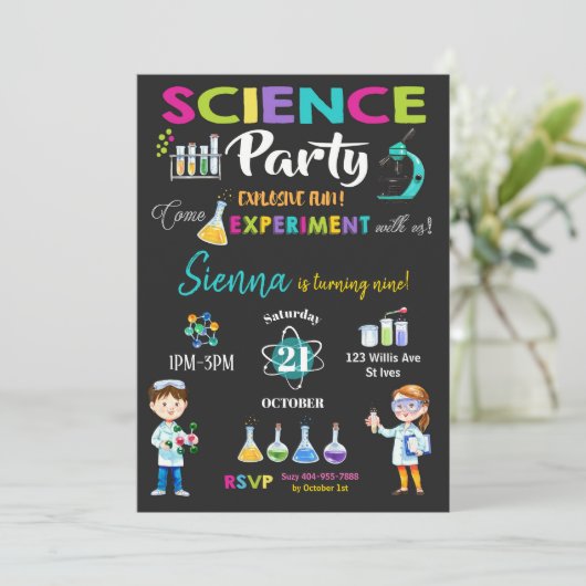 Mad Science Party verjaardagsuitnodiging meisje Kaart (Staand voorkant)