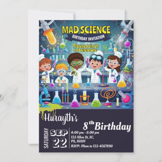 Mad Science verjaardagsuitnodiging voor jongen en Kaart (Voorkant)