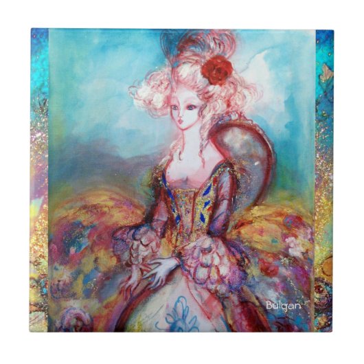 MADAME POMPADOUR goudblauwe roze Tegeltje (Voorkant)