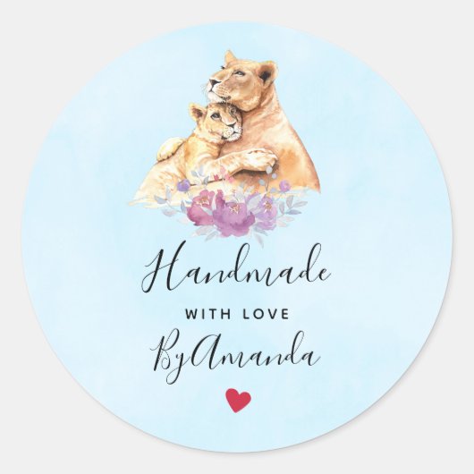 Made with Love Cute Waterverf Moeder Lion & Cub Ronde Sticker (Voorkant)