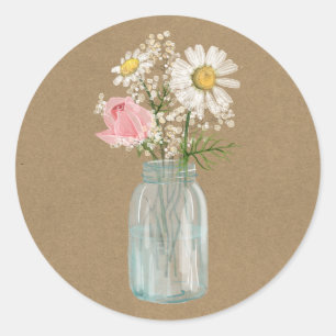 Madeliefje en Roos in Metselaarsglas Rustiek Kraft Ronde Sticker