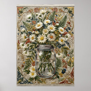Madeliefje en wilde bloemenboeket in geborduurde M Poster