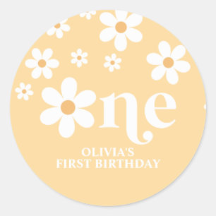 Madeliefjes bloemen 1e verjaardag papieren borden ronde sticker