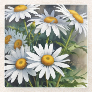 Madeliefjes Boeket Bloemen Elegante Waterverf Glazen Onderzetter