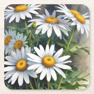 Madeliefjes Boeket Bloemen Elegante Waterverf Vierkante Kartonnen Onderzetter