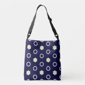 Madeliefjes en marineblauw en wit stippenpatroon crossbody tas (Achterkant)