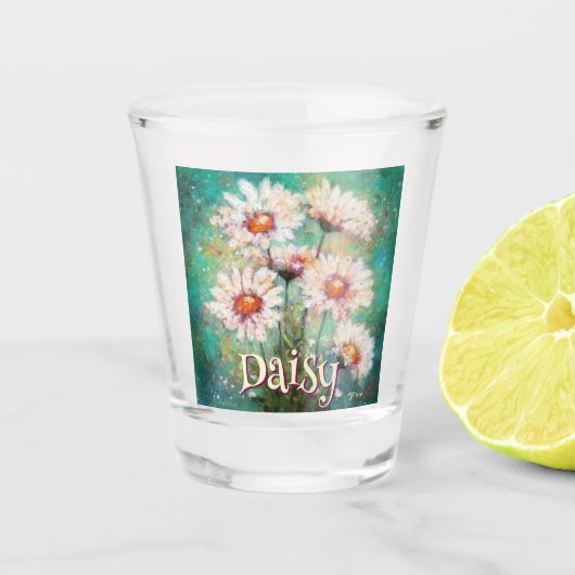 Madeliefjes Impressionistische Bloemen Teal Persoo Shot Glas (Voorkant)
