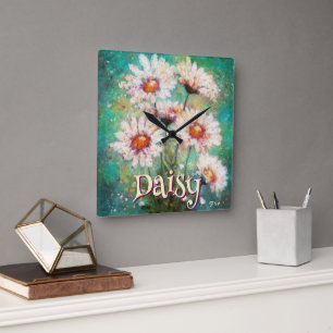 Madeliefjes Impressionistische Bloemen Teal Persoo Vierkante Klok