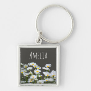Madeliefjes op grijze gepersonaliseerde sleutelhanger