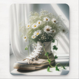 Madeliefjesboeket in een witte sneaker muismat