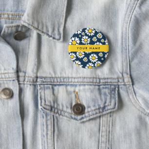 Madeliefjespatroon, Witte Madeliefjes, Uw Naam Ronde Button 5,7 Cm