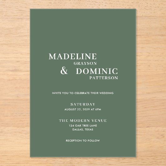 Madeline Bos Groen Eenvoudig Modern Bruiloft Acryl Uitnodigingen (Voorkant)