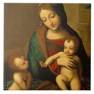 Madonna en kind met heiligen tegeltje