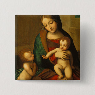 Madonna en kind met heiligen vierkante button 5,1 cm