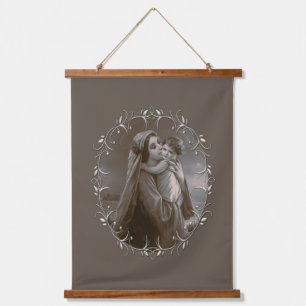 Madonna en kind met zilveren Lijst Hangend Wandkleed