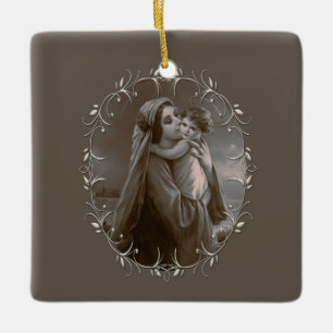 Madonna en kind met zilveren Lijst Keramisch Ornament