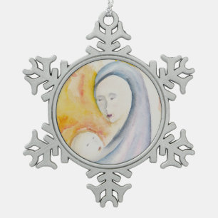 Madonna en Kind Modern Religieus Kerstfeest Tin Sneeuwvlok Ornament