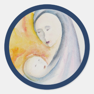 Madonna en Kind Originele Waterverf Kerst Ronde Sticker