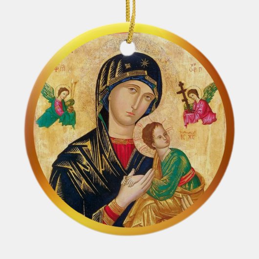 Madonna en kindkerst en gouden lijst keramisch ornament (Voorkant)