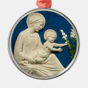 MADONNA MET KINDEREN EN WITTE LIJNEN METALEN ORNAMENT