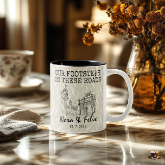 Madrid skyline couple — beige leaf background tweekleurige koffiemok