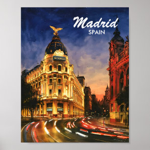 Madrid Spanje Gran Via Nacht Aquarel Stadsgezicht Poster