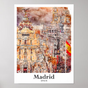 Madrid Spanje Kunst Reizen Waterverf Hand getekend Poster