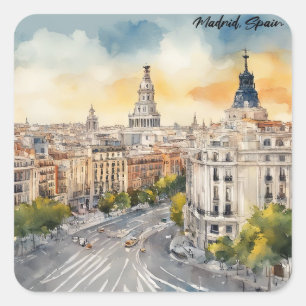 Madrid Spanje Stad Silhouet Waterverf Schilderij Vierkante Sticker