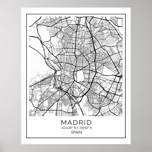 Madrid White Map Poster - Madrid Wall Art Decor (Voorkant)