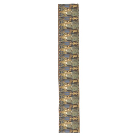 MAESTA, MAAGD EN KIND, Blauw Goud Geel Kerstmis Lange Tafelloper (Voorkant)